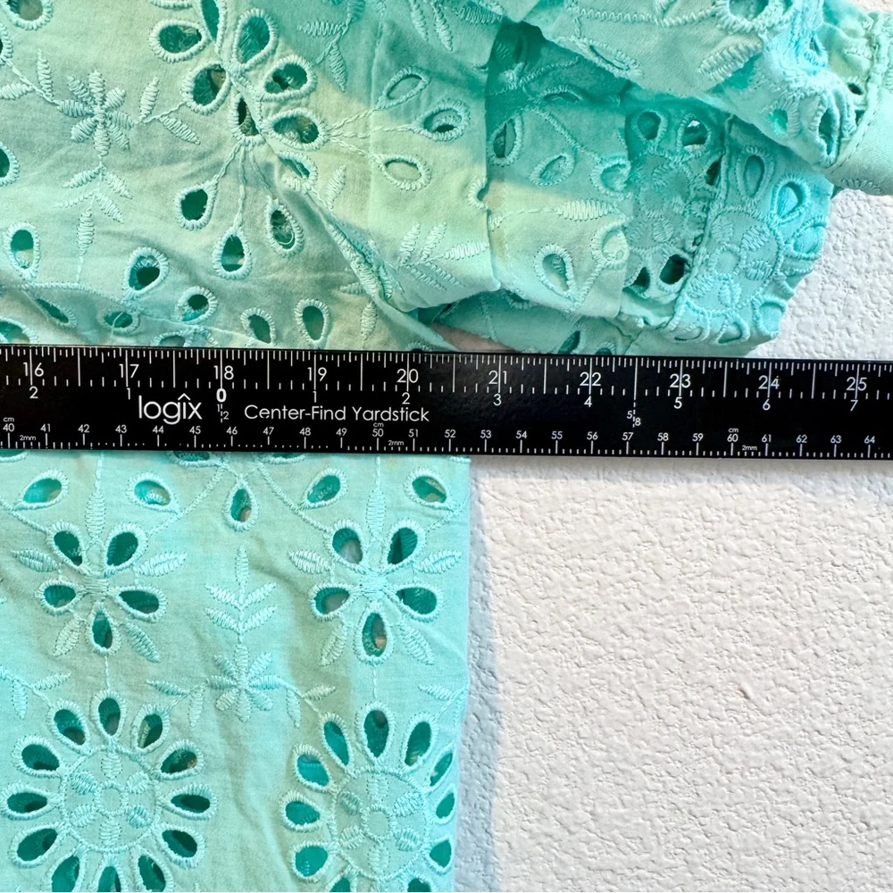 J.Crew Puff-Sleeve Eyelet Popover Top Mint Green Teal Romantic Cottagecore EUC